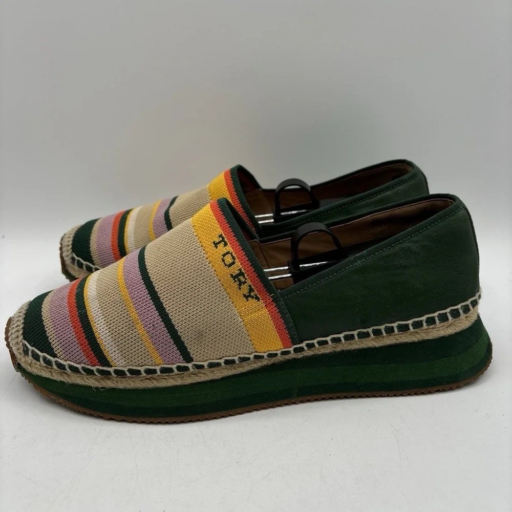 Tory‎ Burch Daisy Espadrille Slip On Sneakers Women's 10 M Knit Striped Green
